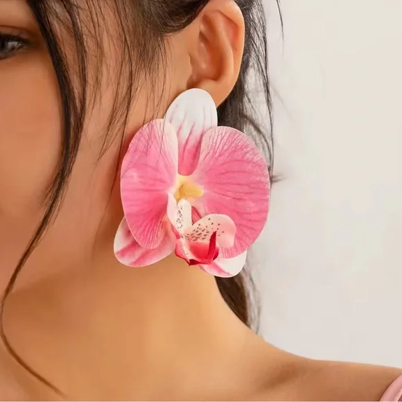 Orchid Floral Pink and White Earrings - Picture 1 of 7